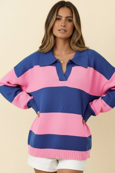 Collared Striped Color Block Sweater Knit Top