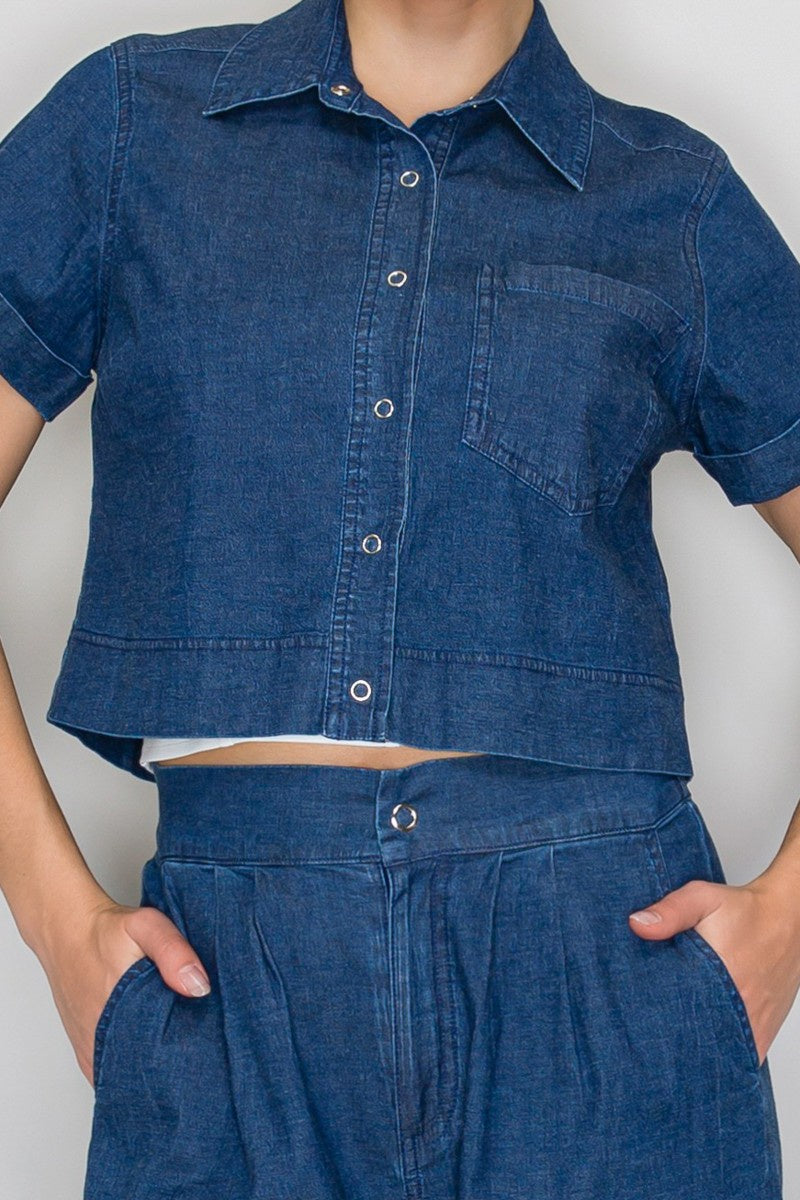 Button-up Boxy Denim Crop Top