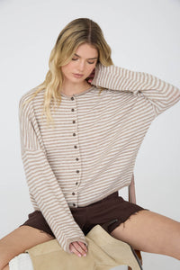 Striped Raw Edge Drop Shoulder Knit Cardigan