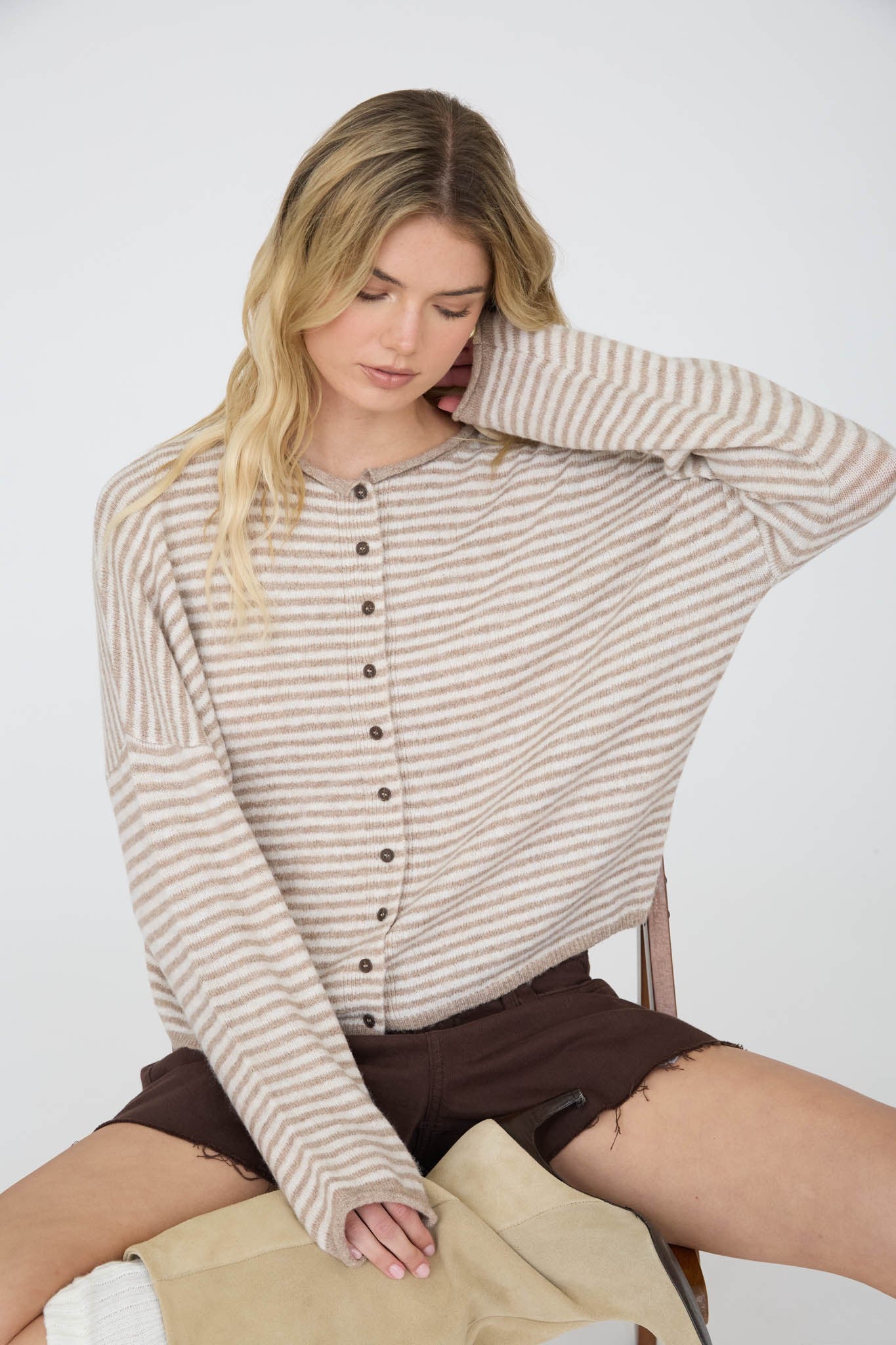 Striped Raw Edge Drop Shoulder Knit Cardigan