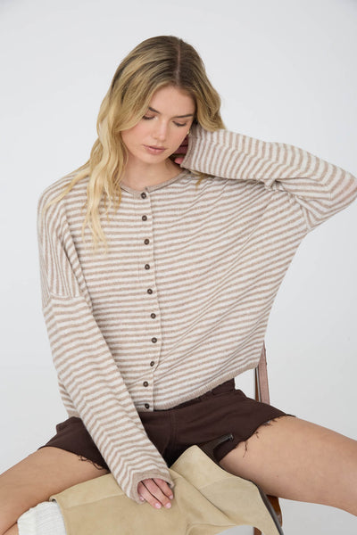 Striped Raw Edge Drop Shoulder Knit Cardigan
