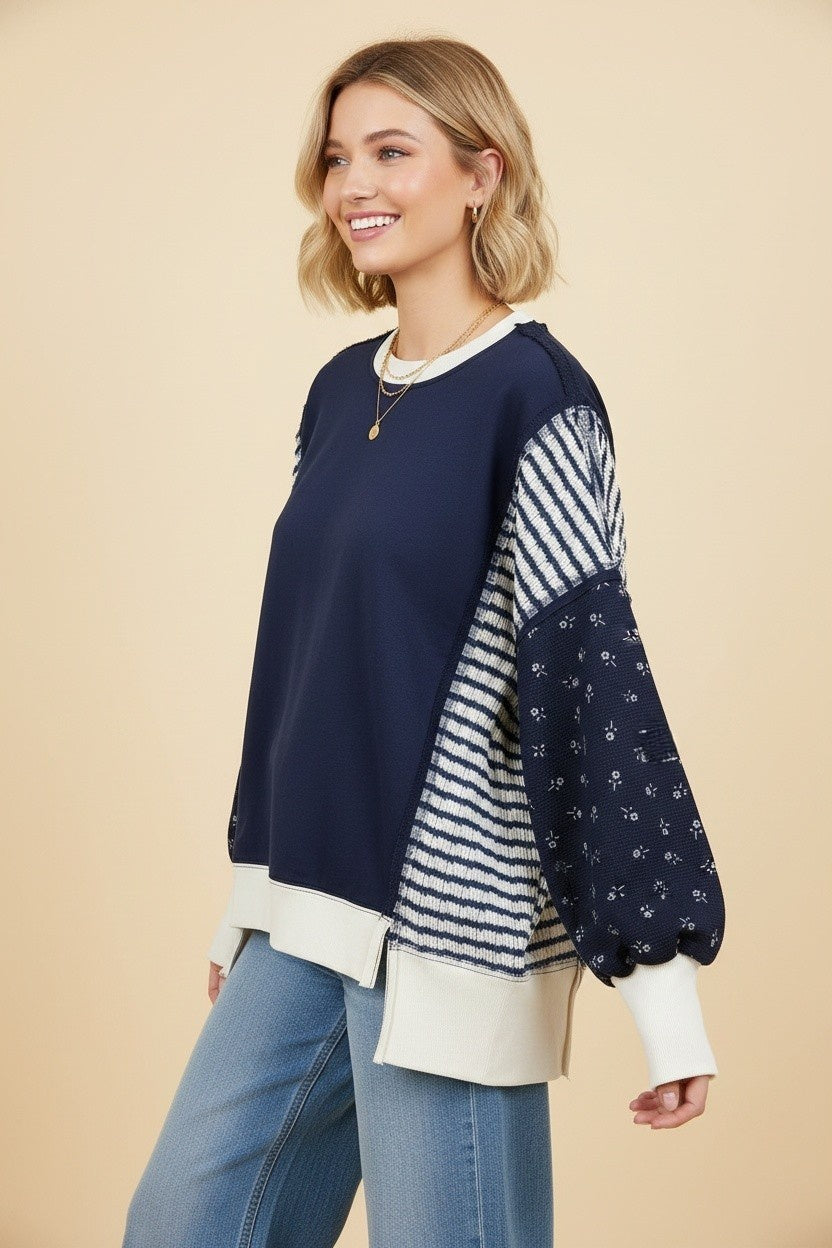 Mixed Print Oversized Knit Sweatshirt