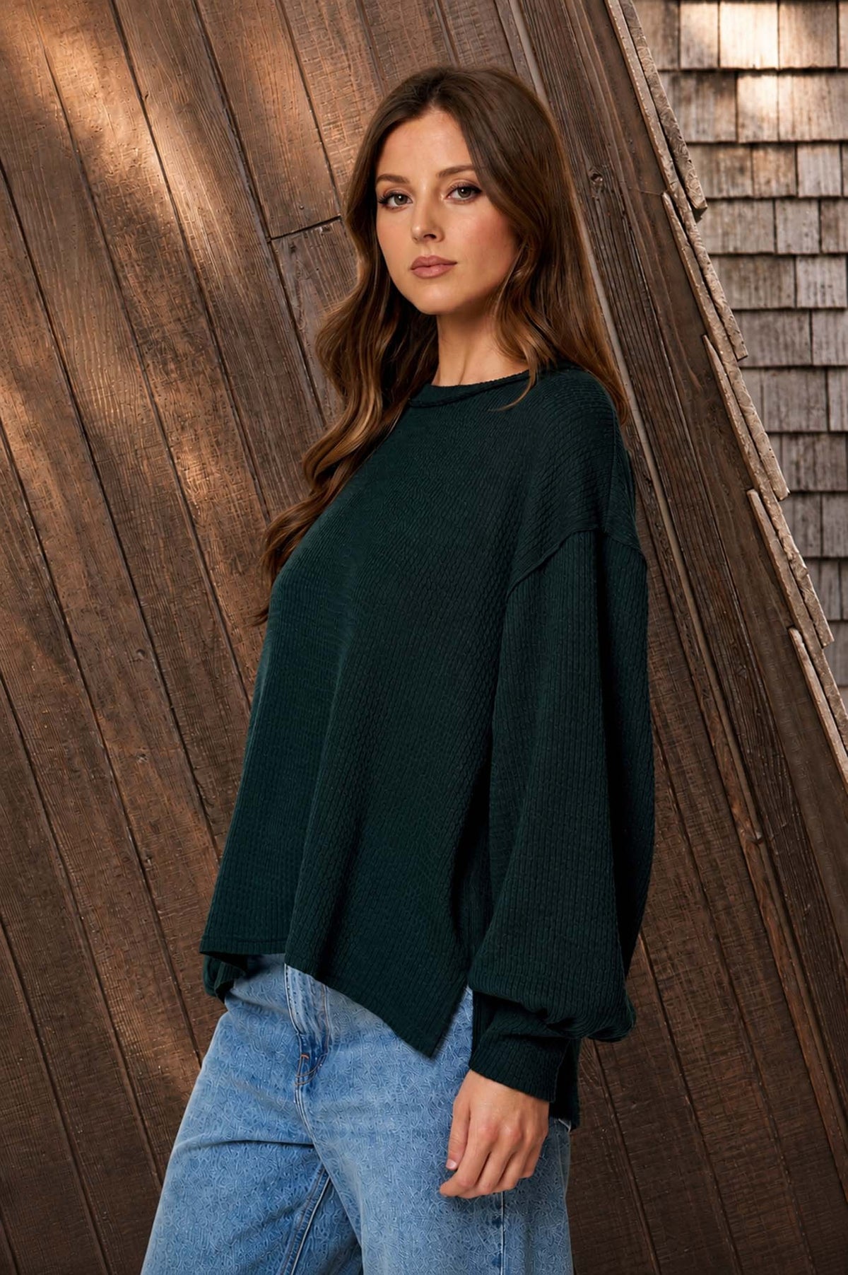 Textured Exposed Seam Long Sleeve Knit Top