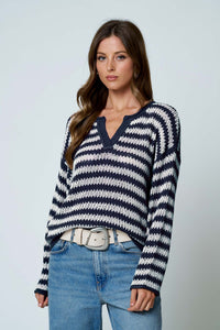 Stripe Raw Edge Split Neck Sheer Knit Sweater