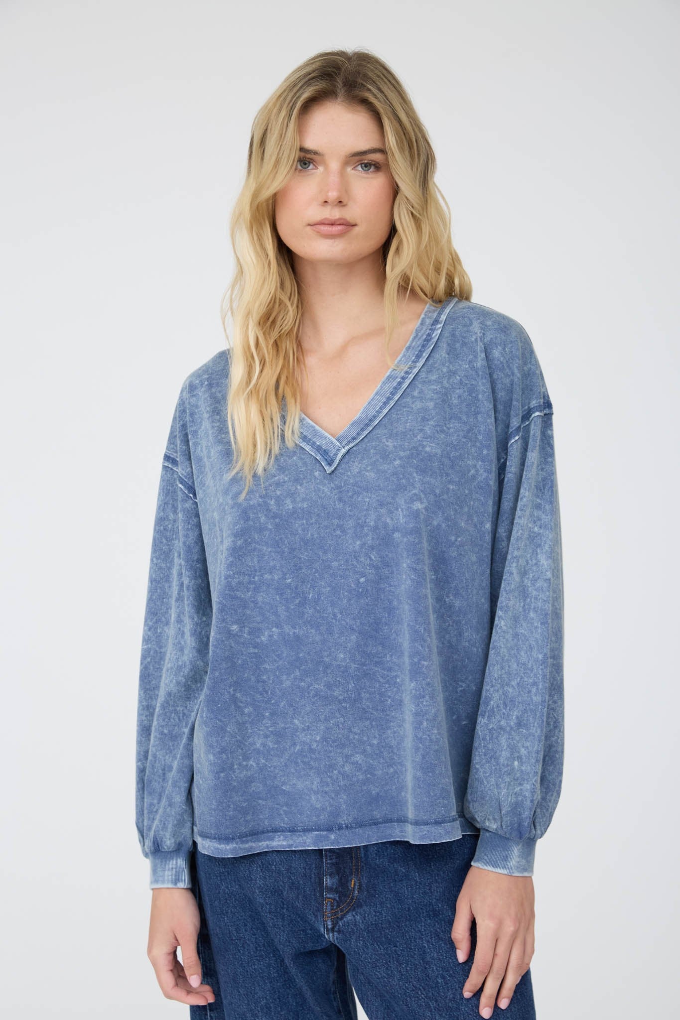 Washed Inverted Seam Detail LS Knit Top