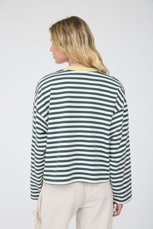 Color Block Neck Trim Long Sleeve Boxy Knit Top