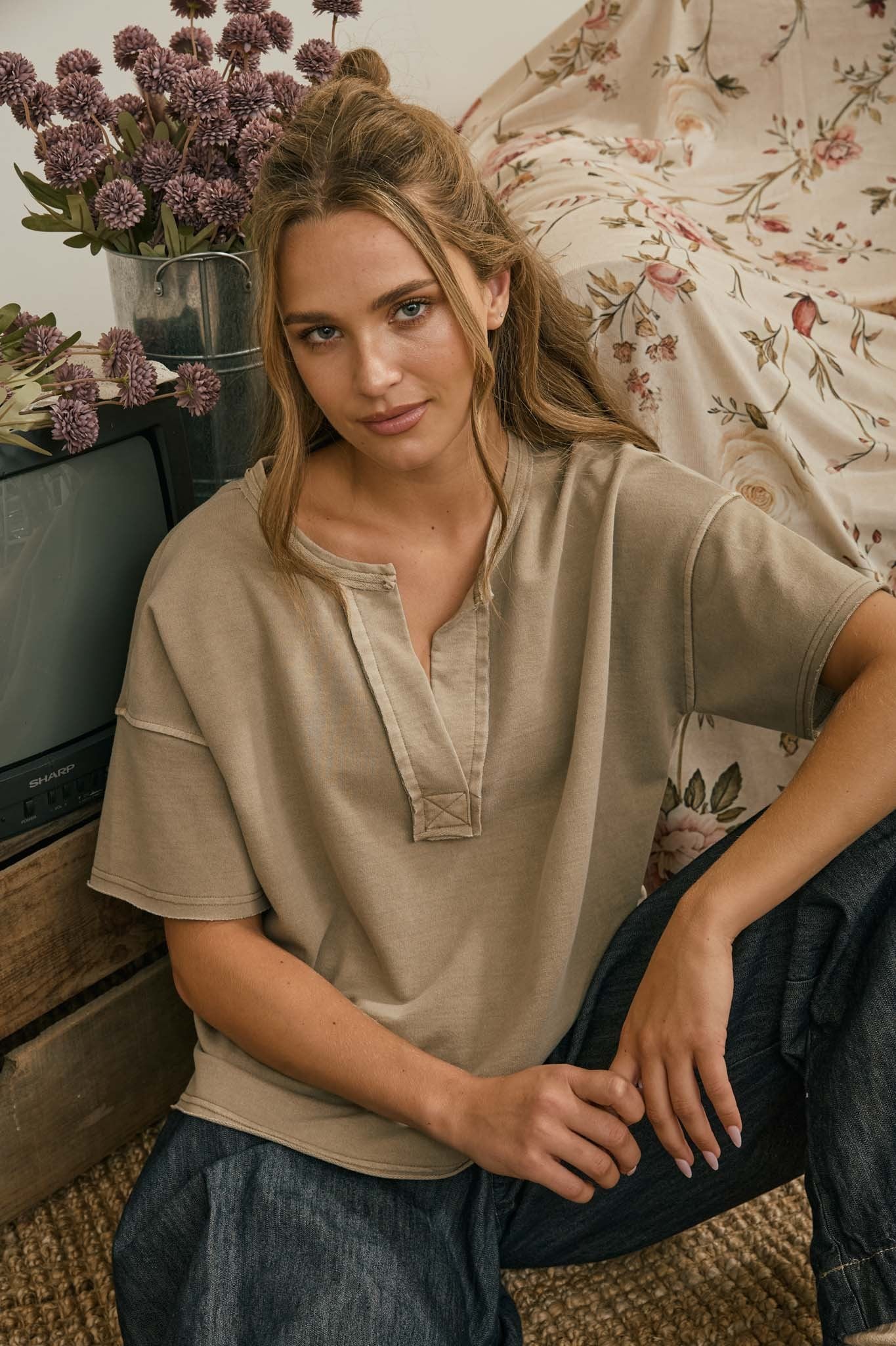 Washed Split Neck Raw Edge Knit Top