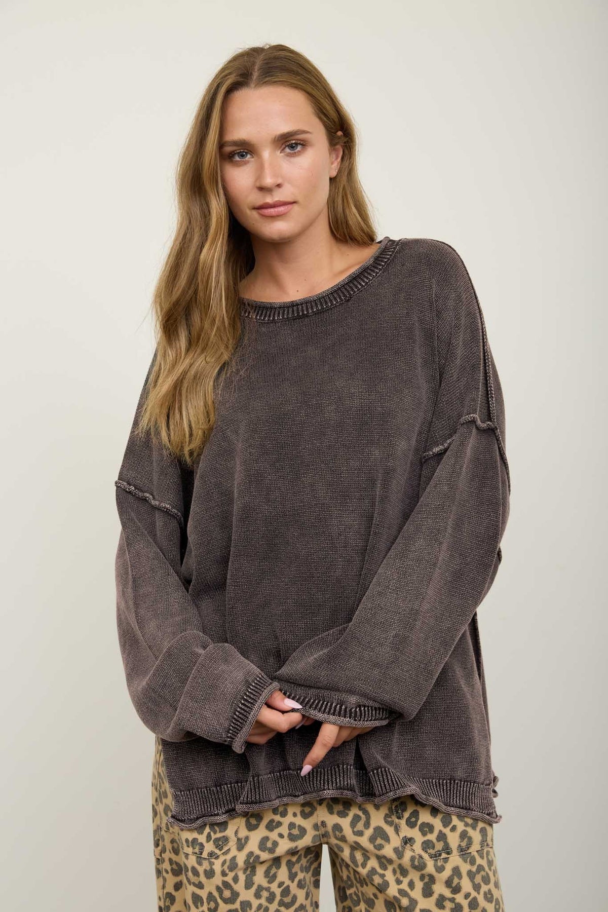 Raw Edge Crew Neck Drop Sleeve Sweater