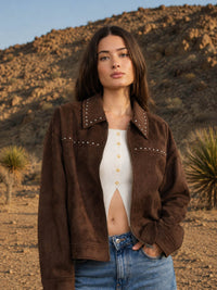 Studded Collared Zip-up Suede Jacket