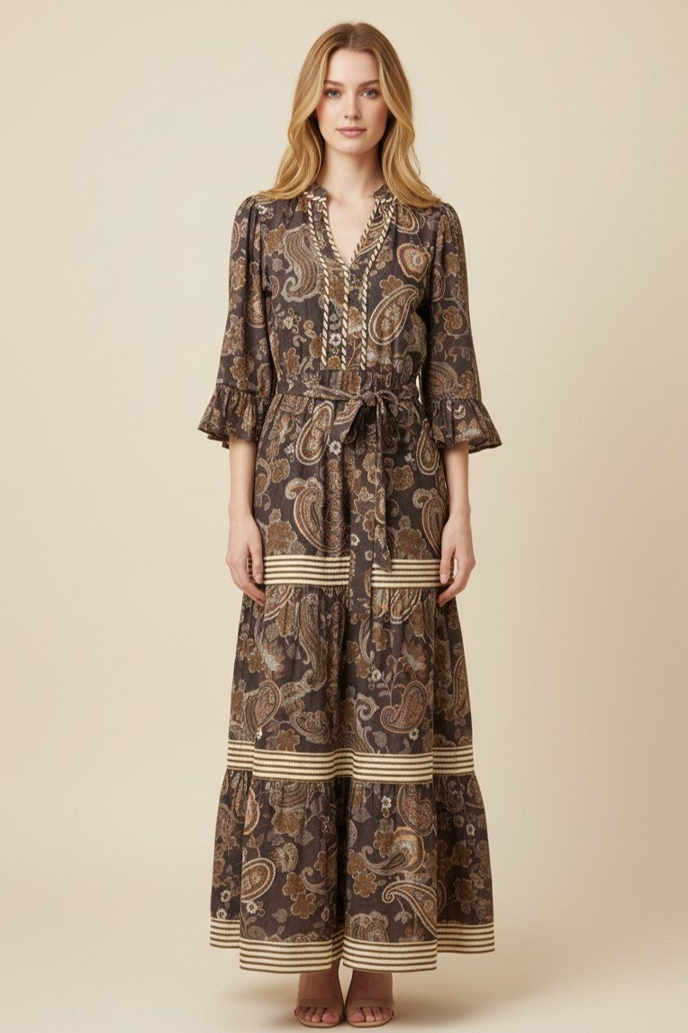 Paisley Print Tiered Maxi  With Belted Waist