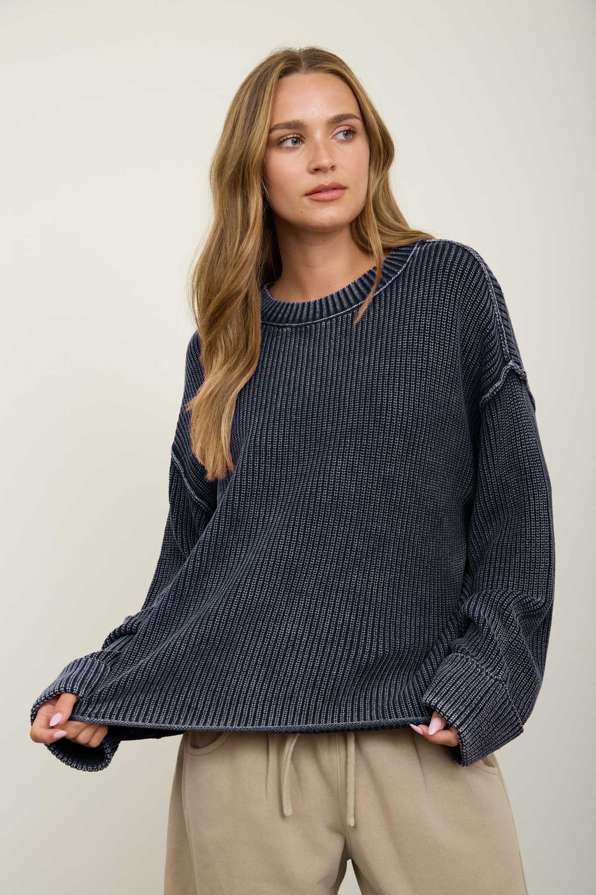 Washed Ribbed LS Folded Cuff Knit Sweater