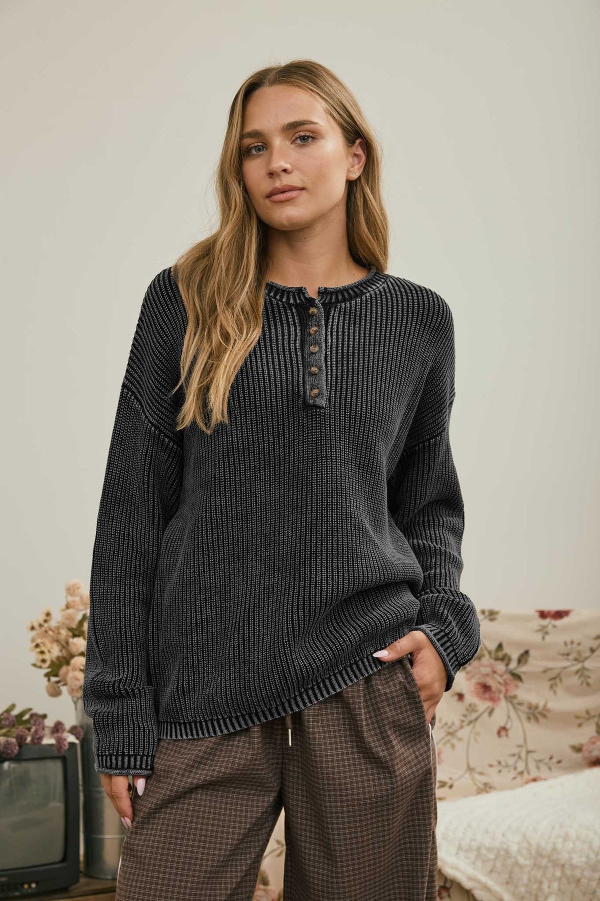Ribbed Henley Drop Shoulder Knit Sweater