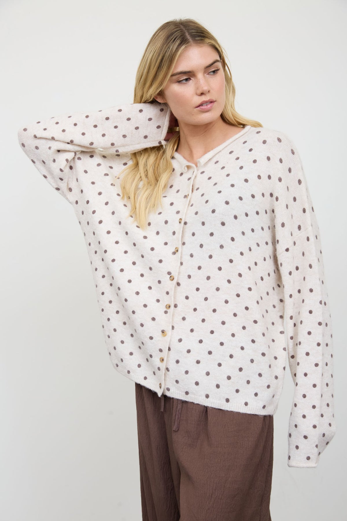Polka Dot Raw Edge Knit Cardigan