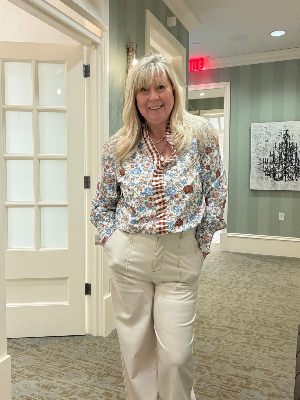 Plaid Frilled Trim Floral Mock Neck Blouse