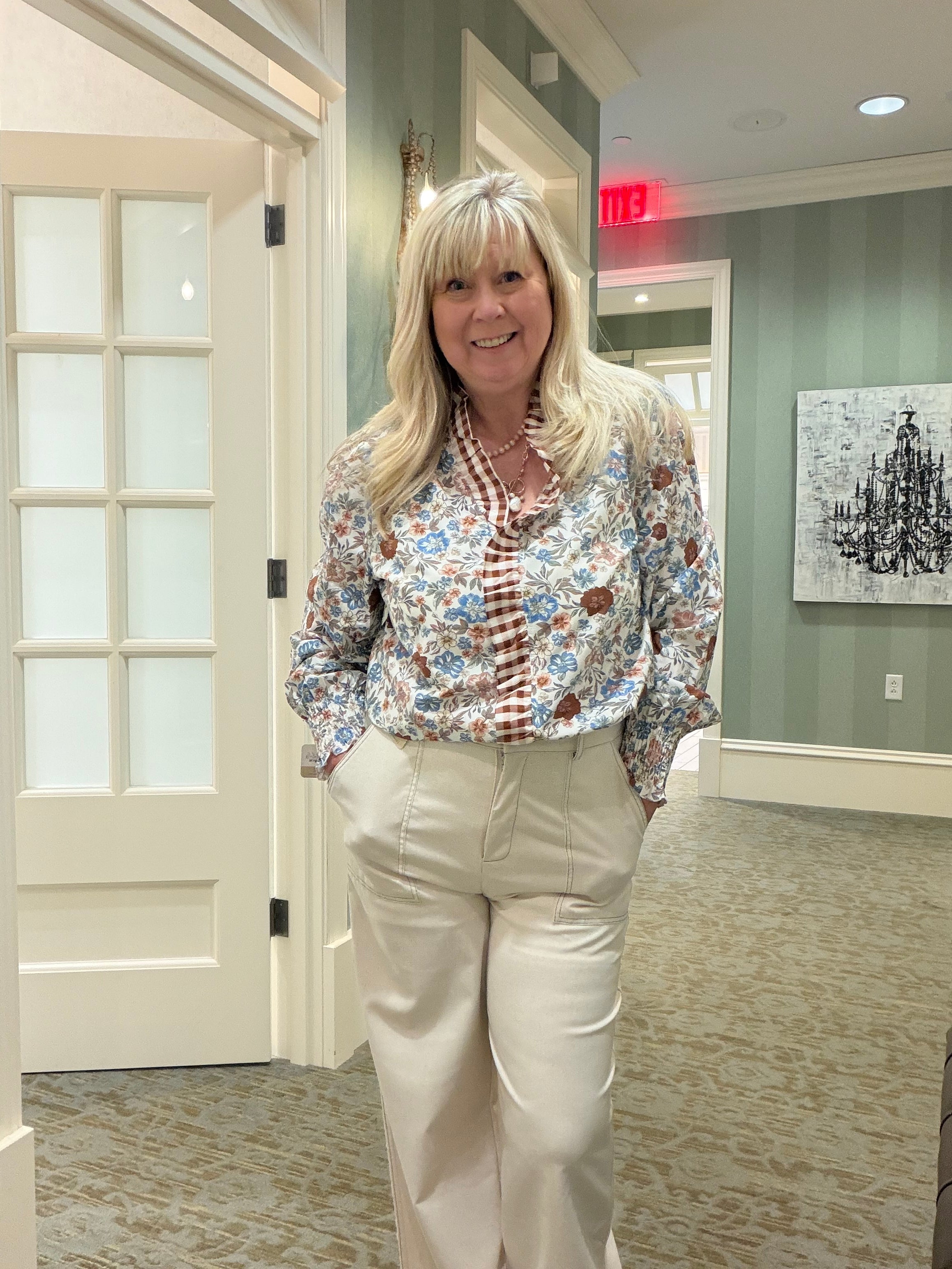 Plaid Frilled Trim Floral Mock Neck Blouse