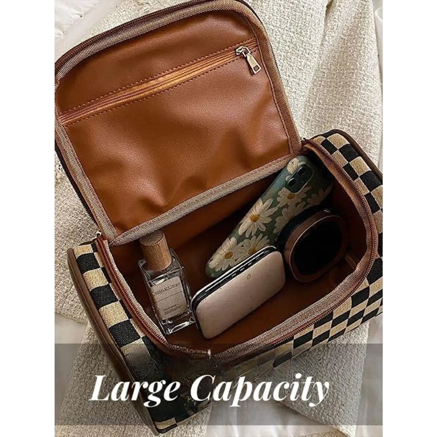Pu Checkered Makeup Bag Plaid Cosmetic Bag