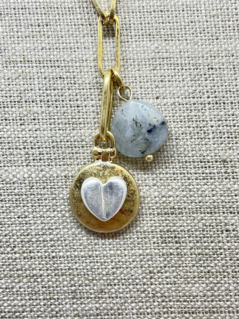 2 tone heart & stone necklace