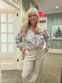 Plaid Frilled Trim Floral Mock Neck Blouse