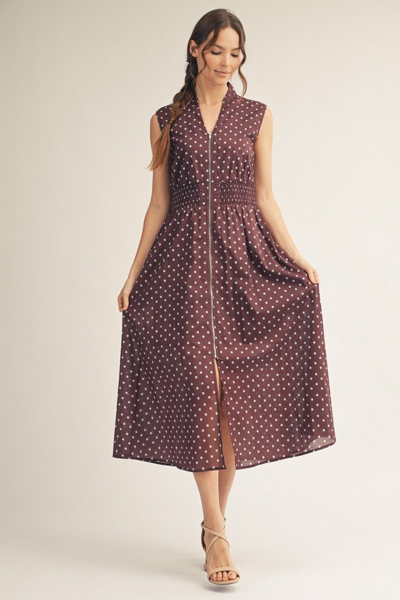 Front Zip Up Polka Dot Midi Dress