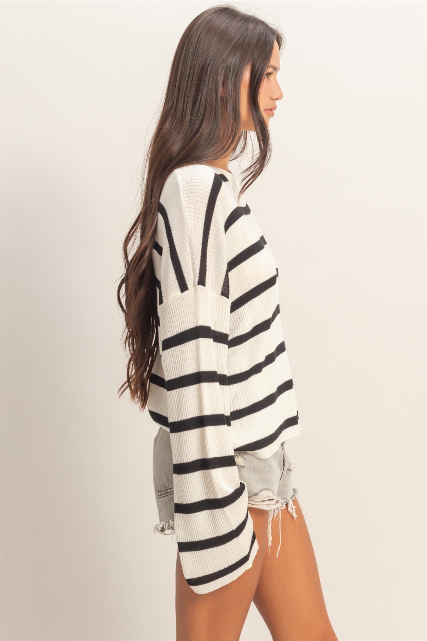 Lightweight Wide-Sleeve Striped Sweater