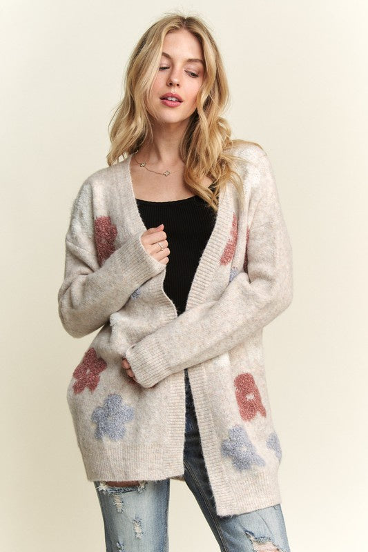 PUFF FLOWER TWO TONE SWEATER CARDIGAN