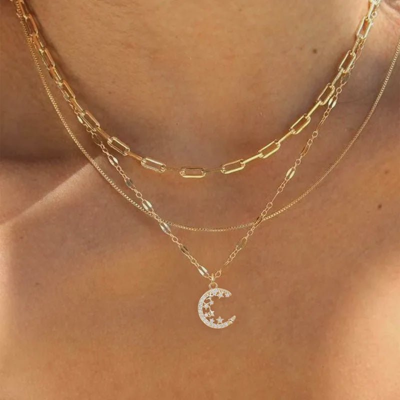 3 Layer Stars On Moon Necklace - Chandeliers Boutique ny