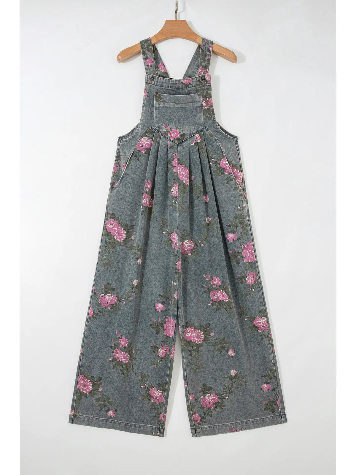 Floral Pleated Wide Leg Denim Jumpsuit