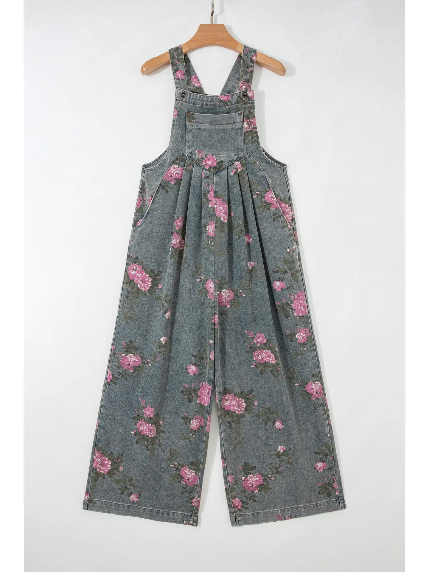 Floral Pleated Wide Leg Denim Jumpsuit