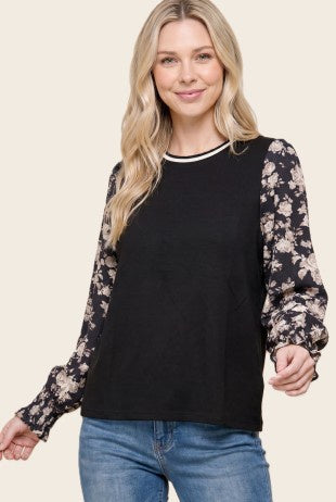 Midnight Bloom Floral-Sleeve Top