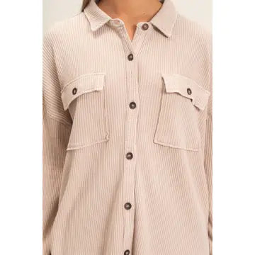 Mineral Wash Waffle Knit Button-Up Shacket