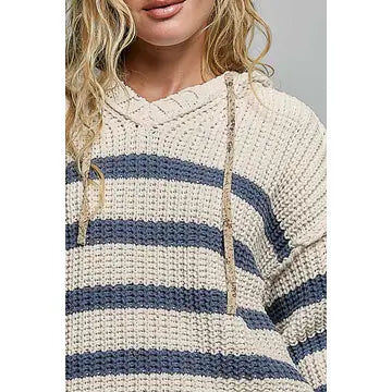 Hoodie V-Neck Striped Stitch Chenille Sweater