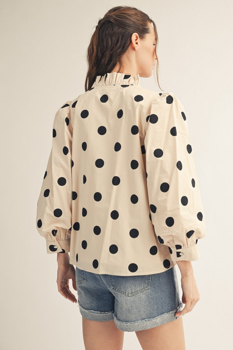 Ruffled Neckline Button Down Polka Dot Top
