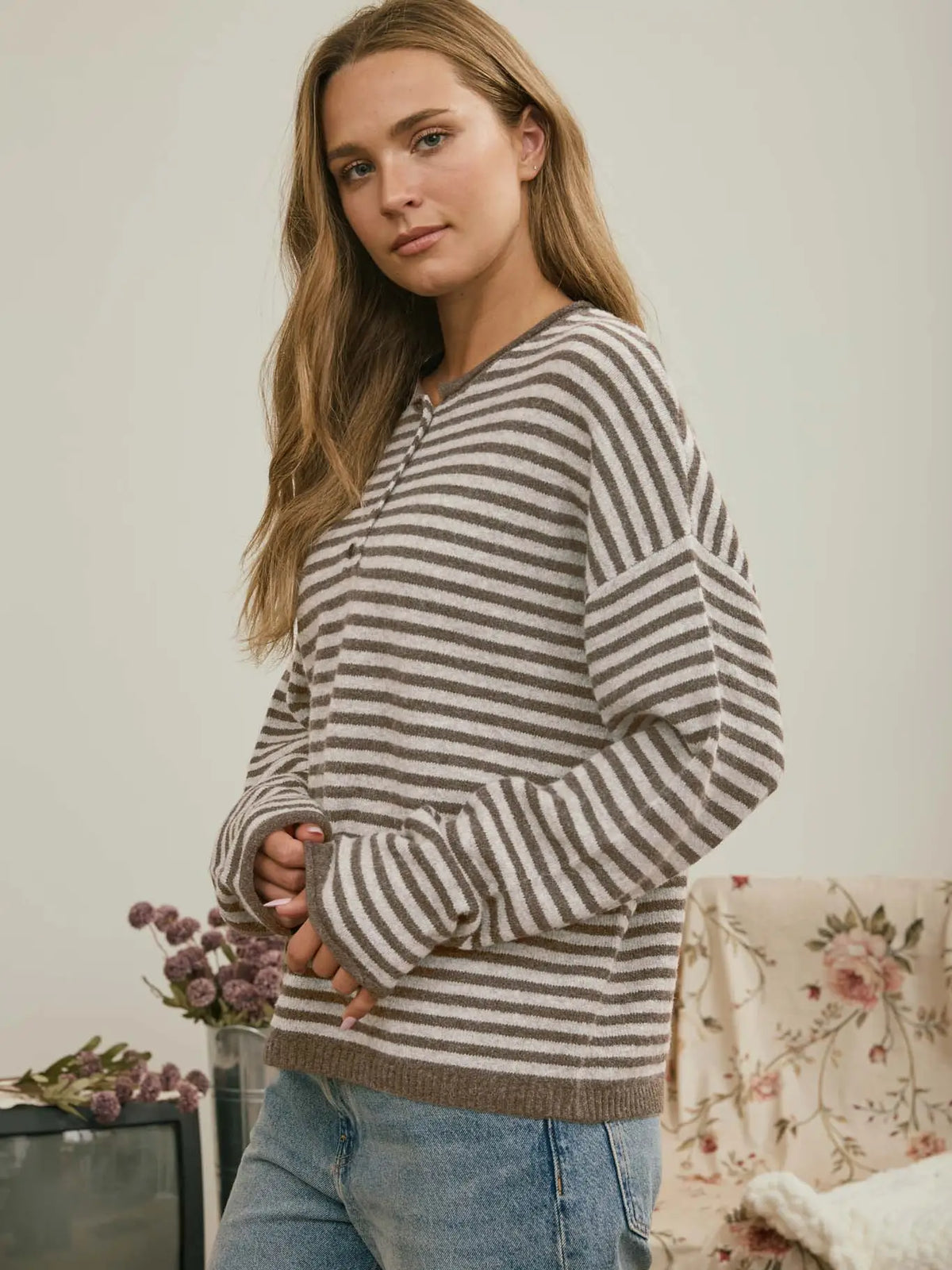 Button Henley Stripe Drop Shoulder Sweater