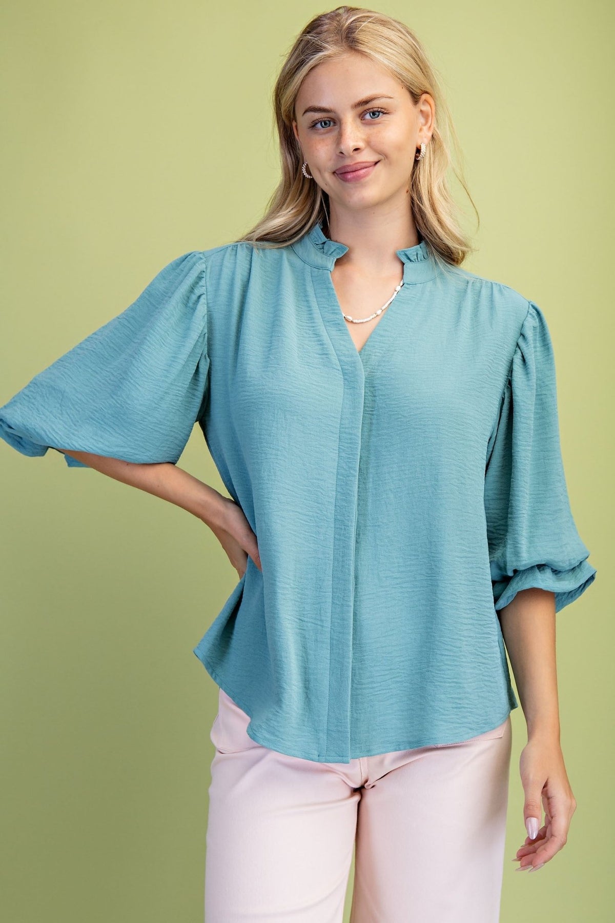 3/4 Length Gathered Balloon Sleeve Blouse - Chandeliers Boutique ny