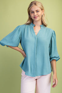 3/4 Length Gathered Balloon Sleeve Blouse - Chandeliers Boutique ny