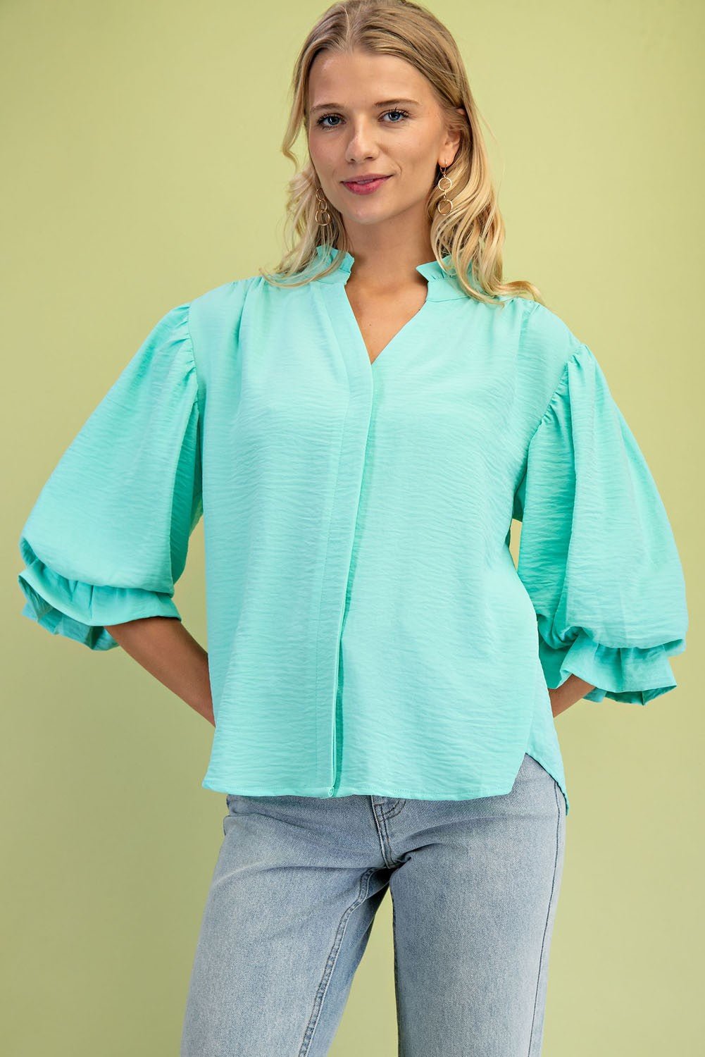3/4 Length Gathered Balloon Sleeve Blouse - Chandeliers Boutique ny