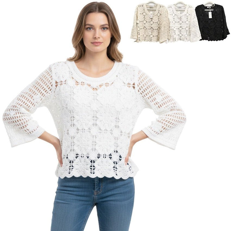 3/4 Sleeve Crochet Top - Chandeliers Boutique ny