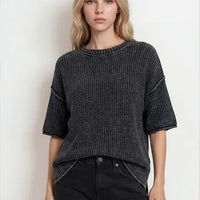 Washed Crew Neck Raw Edge Short Sleeve Sweater