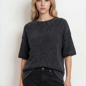 Washed Crew Neck Raw Edge Short Sleeve Sweater