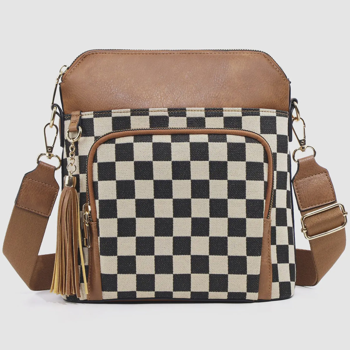 Tassel Zip Camera Bag Checkered Crossbody