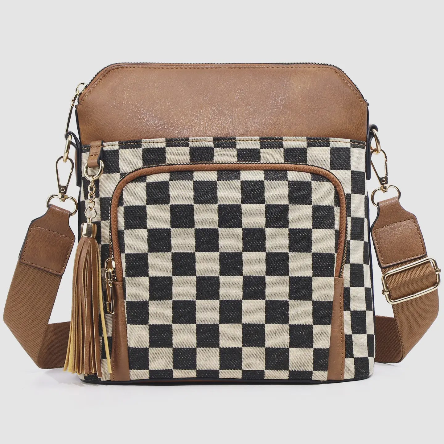 Tassel Zip Camera Bag Checkered Crossbody