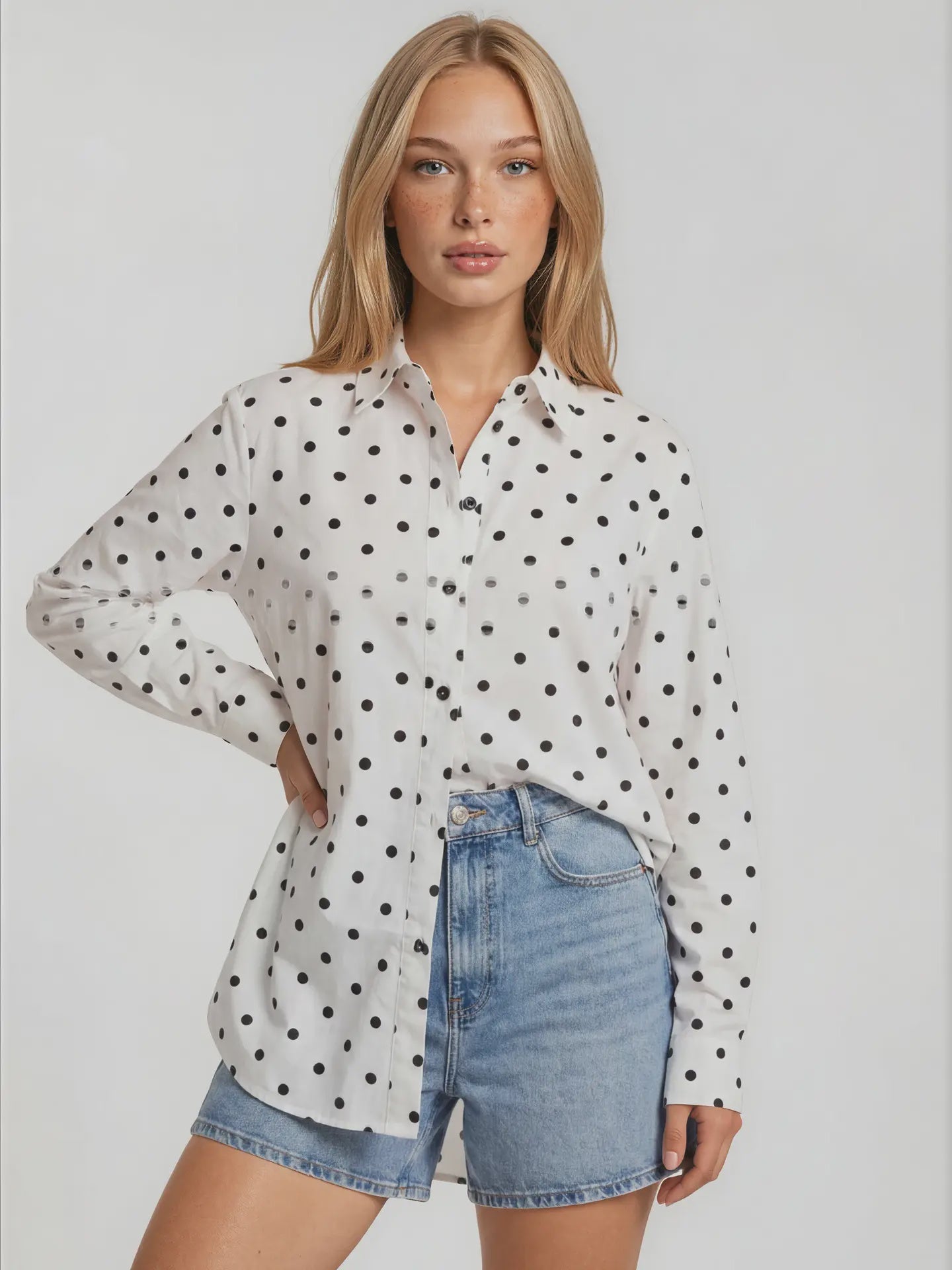 Front Pocket Polka Dot Shirt-White