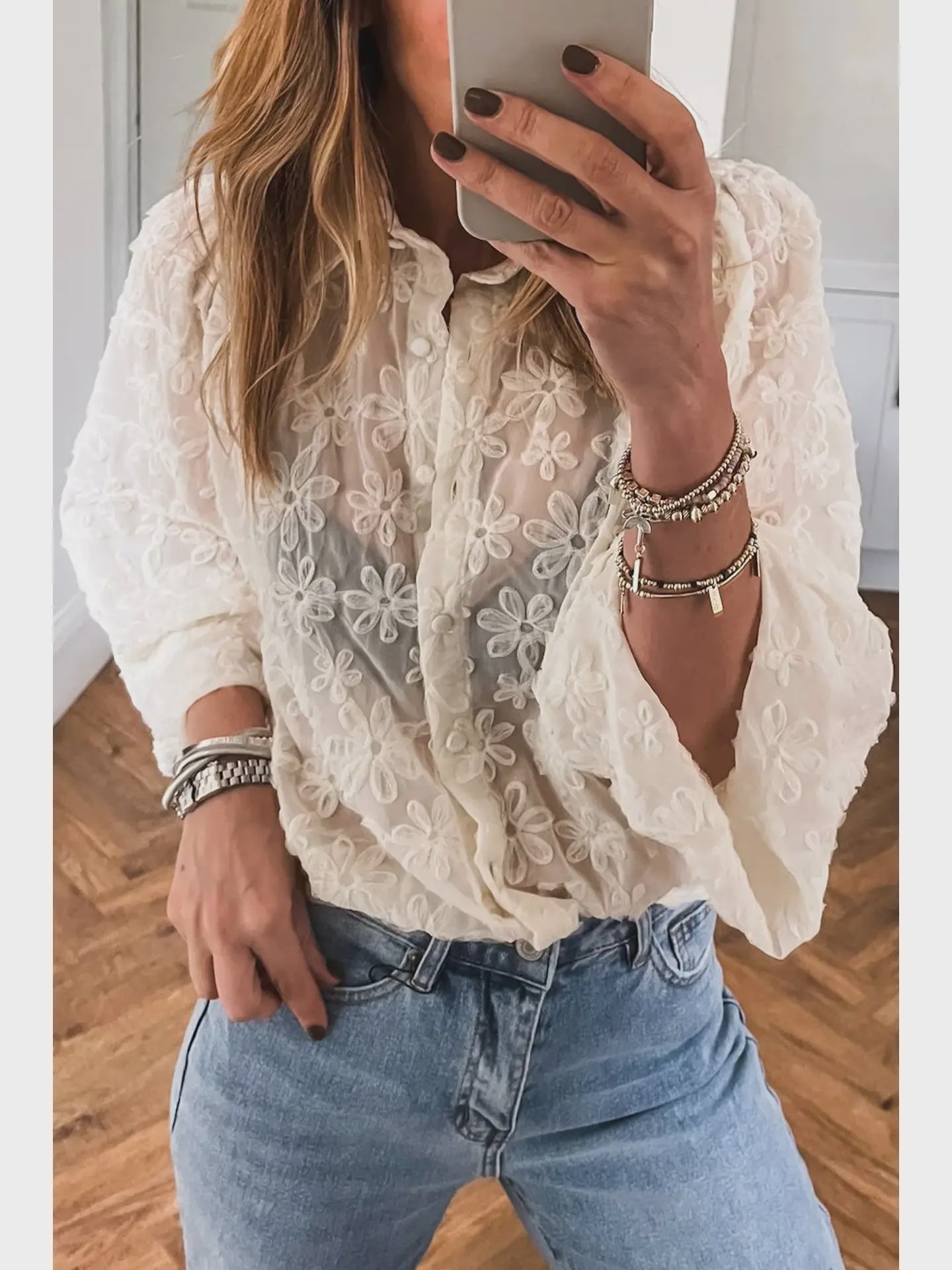 Floral Embroidered Long Sleeve Casual Shirt