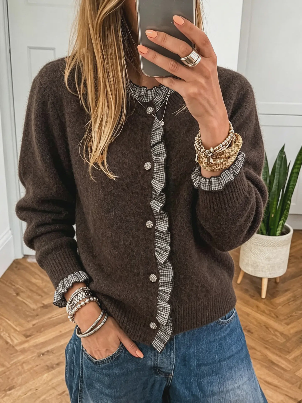 Plaid Ruffle Trim Patchwork Cardigan