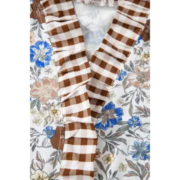 Plaid Frilled Trim Floral Mock Neck Blouse