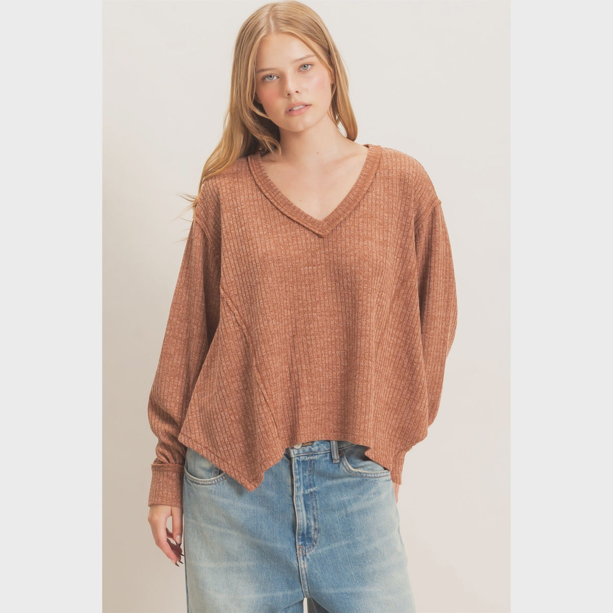 Ribbed V-Neck Knit Top
