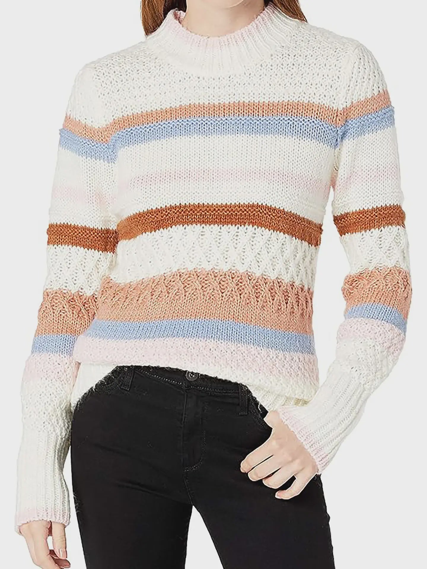 Mixed Pointelle Stripe Mock Neck Knit Sweater