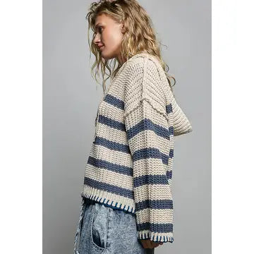 Hoodie V-Neck Striped Stitch Chenille Sweater