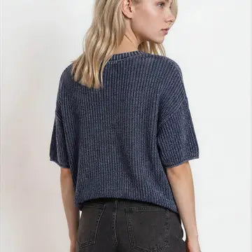 Washed Crew Neck Raw Edge Short Sleeve Sweater