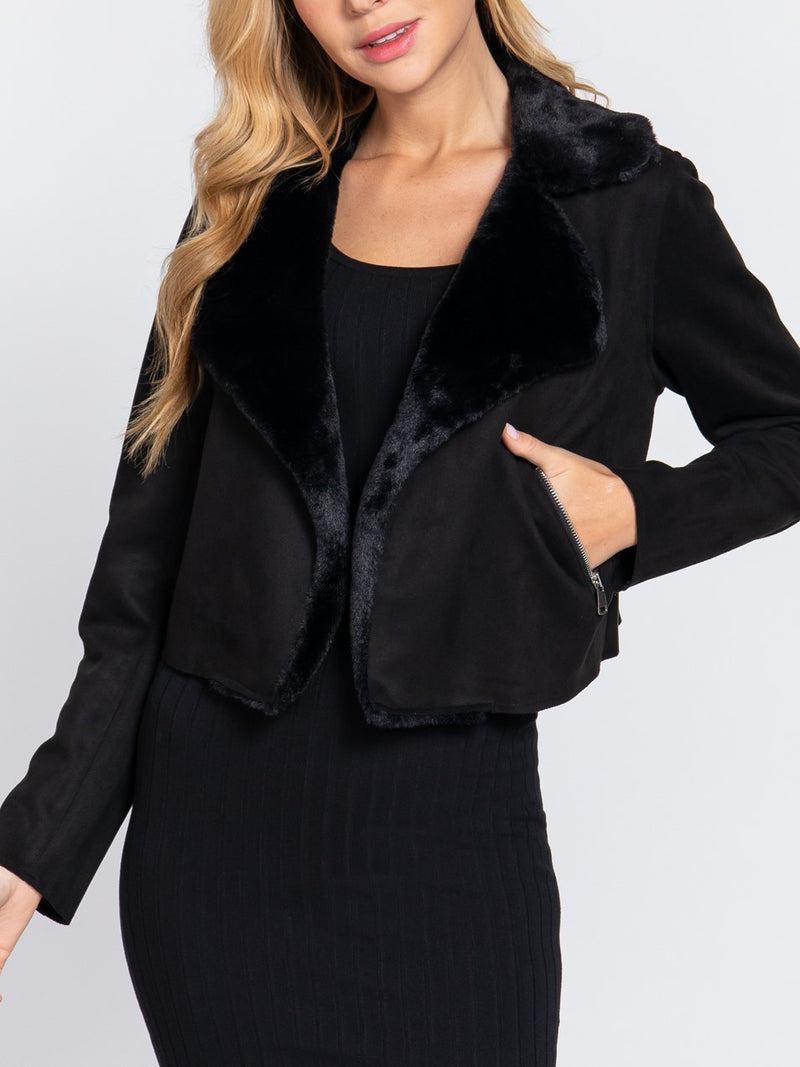 FUR DETAILED FAUX SUEDE BIKER JACKET